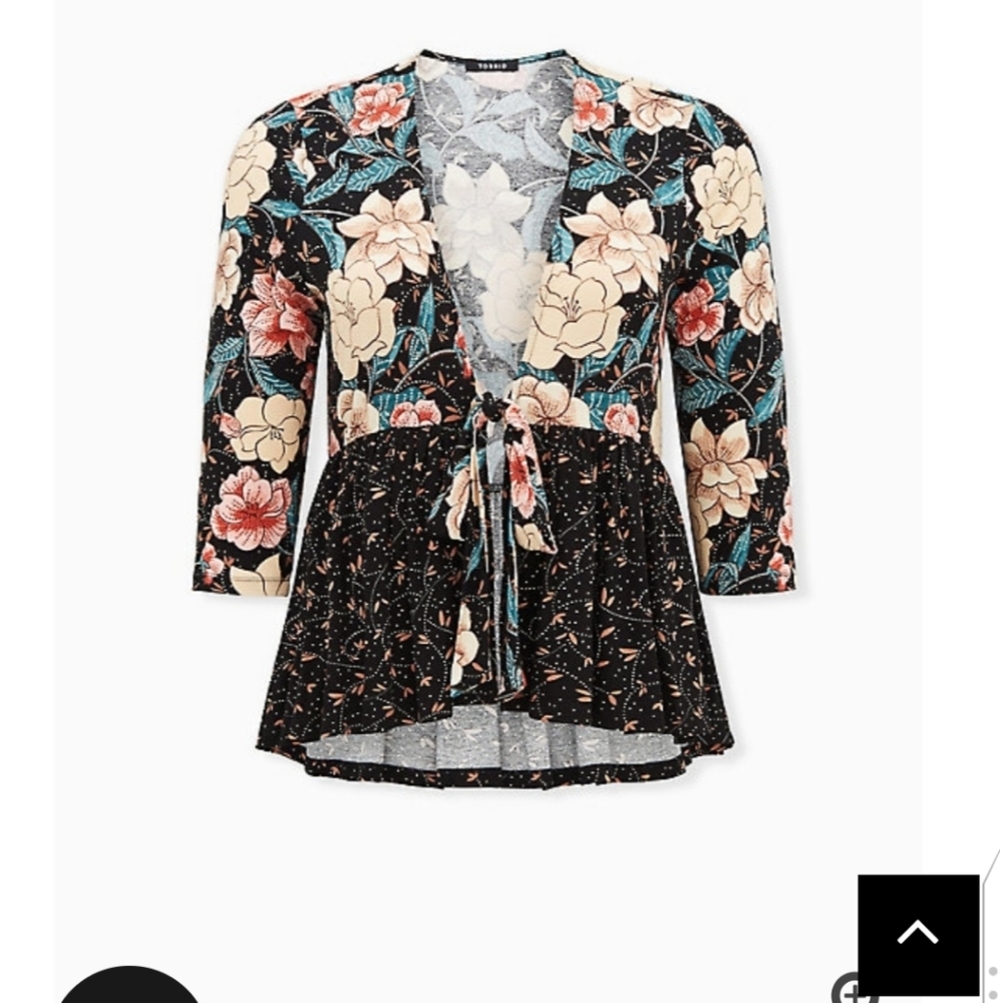 🆕 1X BLACK MIXED FLORAL CREPE TIE FRONT BABYDOLL KIMONO